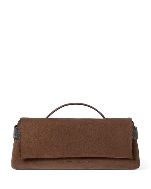 Brunello Cucinelli Brown Suede Essence Flap Top-Handle Bag