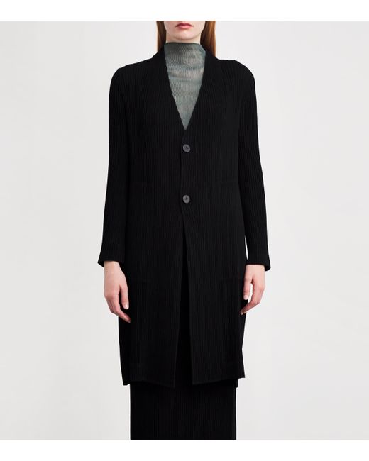 Issey Miyake Black Hatching Pleats Longline Coat