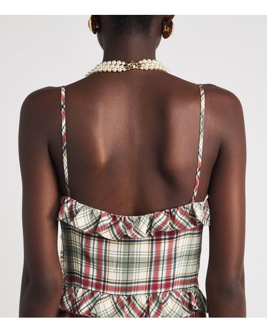 Alessandra Rich Purple Silk Check Ruffled Midi Dress