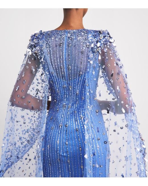 Jenny Packham Blue Embellished Blaize Cape Gown