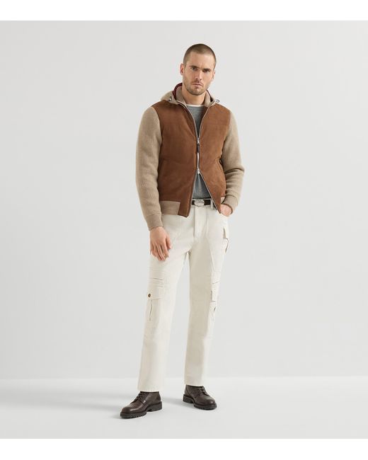 Brunello Cucinelli Brown Ribbed Suede-Panel Hooded Jacket for men