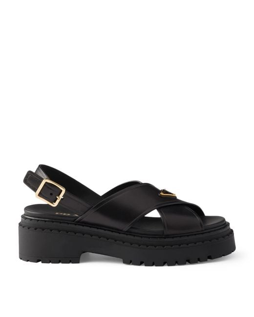 Prada Black Leather Crossover Platform Sandals 55