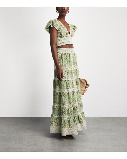 Alice + Olivia Green Embroidered Adira Maxi Skirt