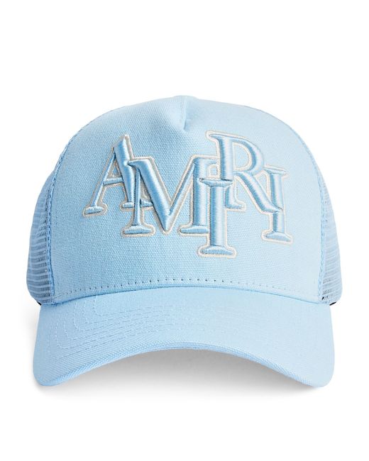 Amiri Blue Embroidered Staggered Logo Trucker Cap for men
