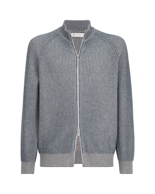 Brunello Cucinelli Gray Cashmere Ribbed Zip-Up Cardigan for men