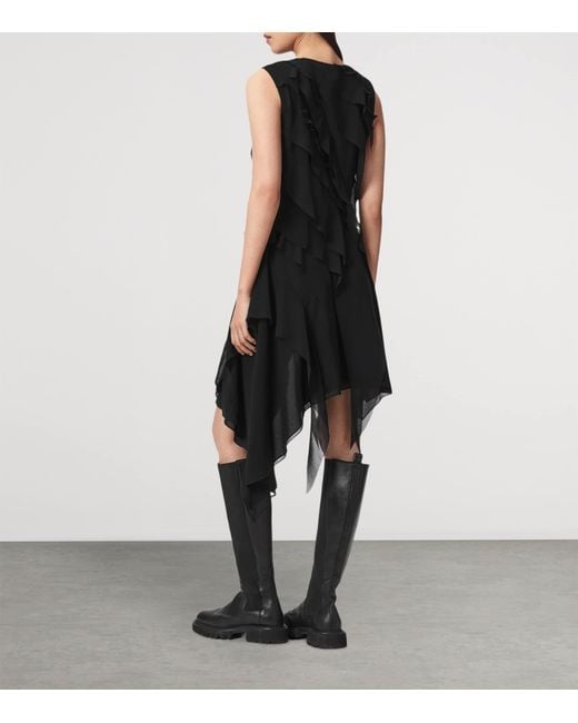 AllSaints Black Ruffled Asymmetric Angie Midi Dress