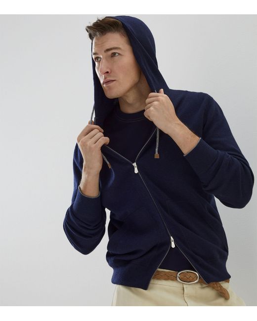 Brunello Cucinelli Blue Cashmere Zip-up Hoodie for men