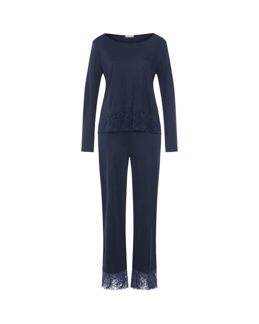 Hanro Blue Lace-Trim Long-Sleeve Pyjamas