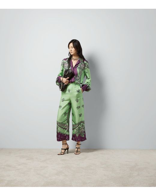 Gucci Green Silk Printed Trousers