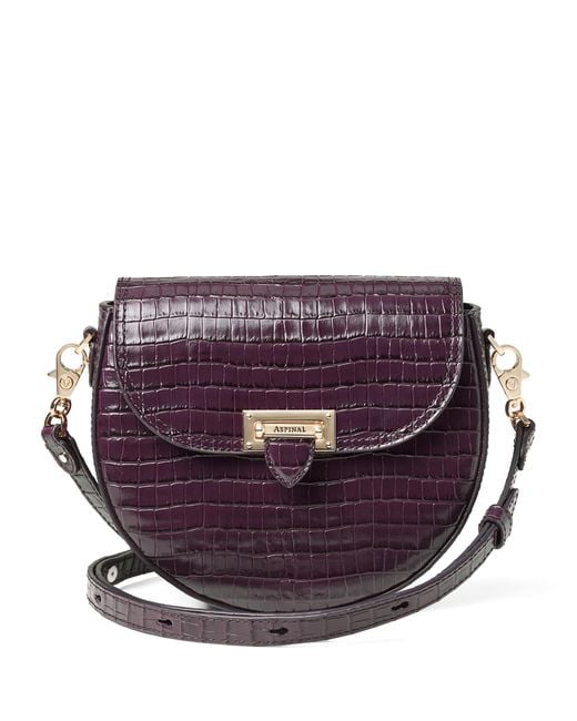 Aspinal Purple Leather Croc-Embossed Portobello Cross-Body Bag