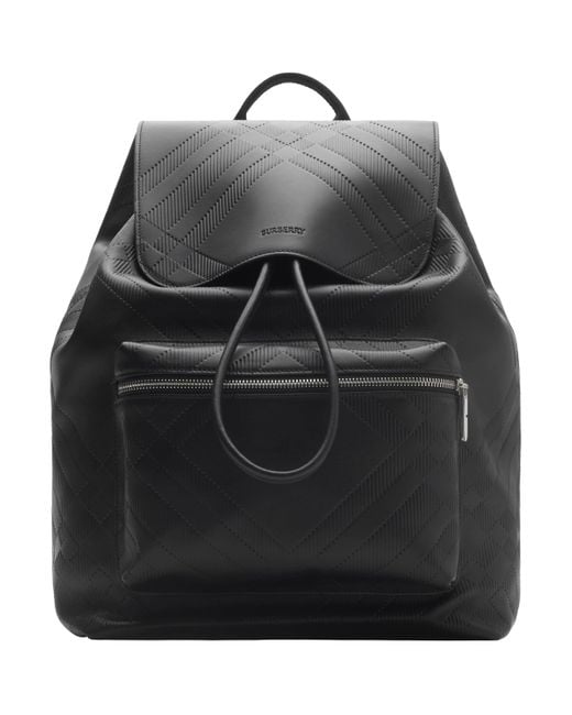 Burberry Black Leather Check-Embossed Backpack for men