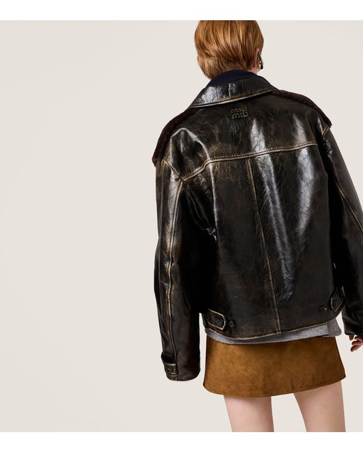 Miu Miu Black Leather Shearling-Trim Jacket