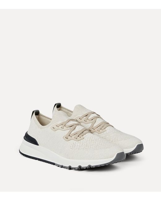 Brunello Cucinelli White Cotton-Blend Chiné-Knit Sneakers for men