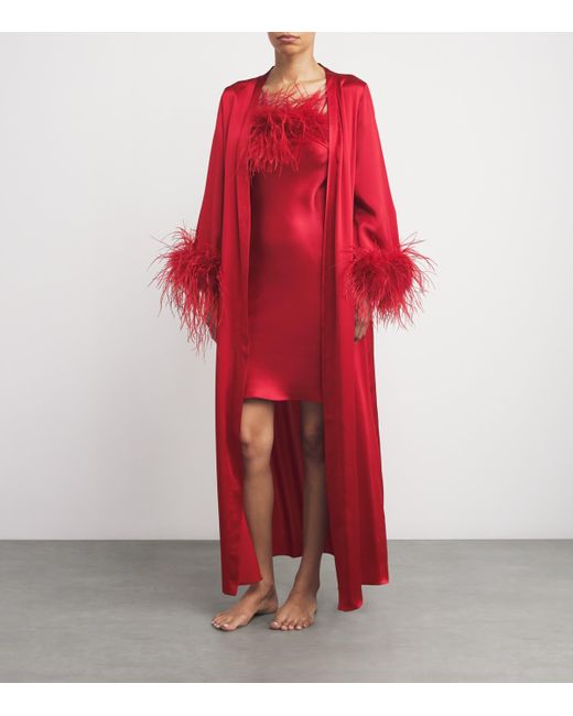 Gilda & Pearl Red Silk-Ostrich Feather Long Robe