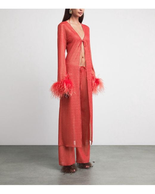 Oseree Red Feather-Trim Maxi Kaftan Dress