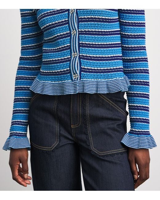 Ganni Blue Cotton Stripe Cropped Cardigan