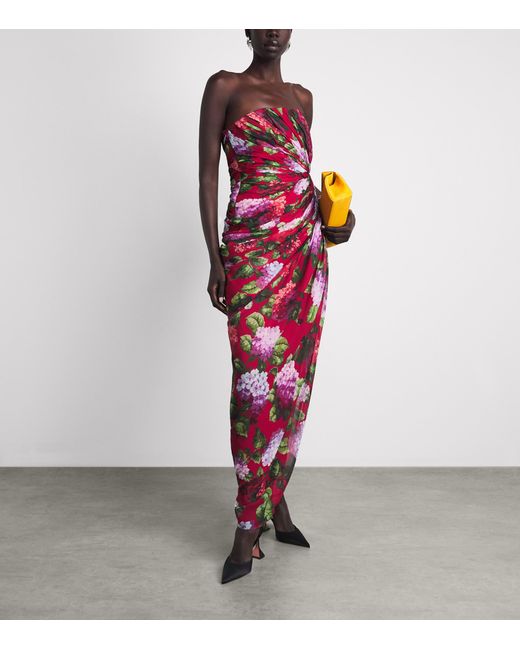 Carolina Herrera Red Silk Floral Draped Midi Dress