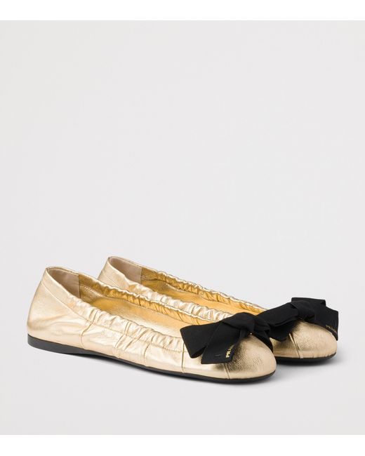 Prada Nappa Leather Bow Ballet Flats in Natural | Lyst UK