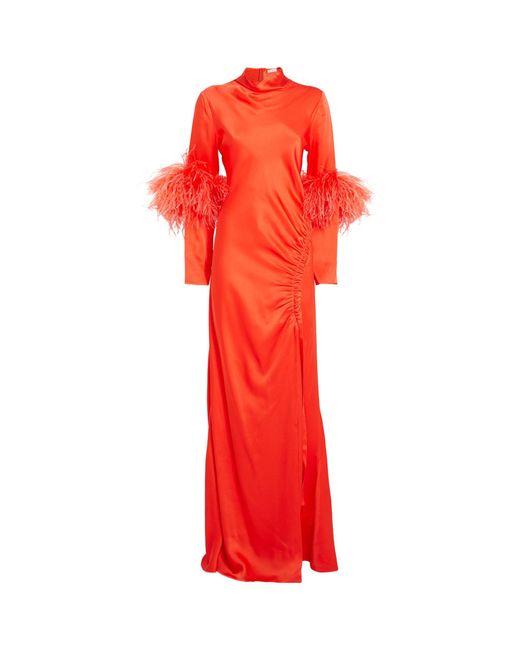 LAPOINTE Satin Feather-trim Maxi Dress in Red | Lyst