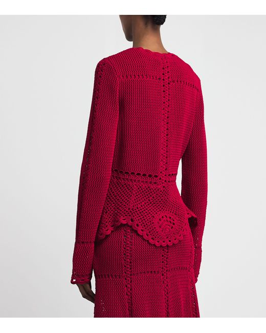 Erdem Red Cotton Crochet Peplum Cardigan