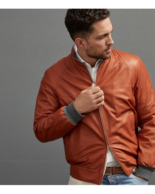 Brunello Cucinelli Orange Leather Bomber Jacket for men
