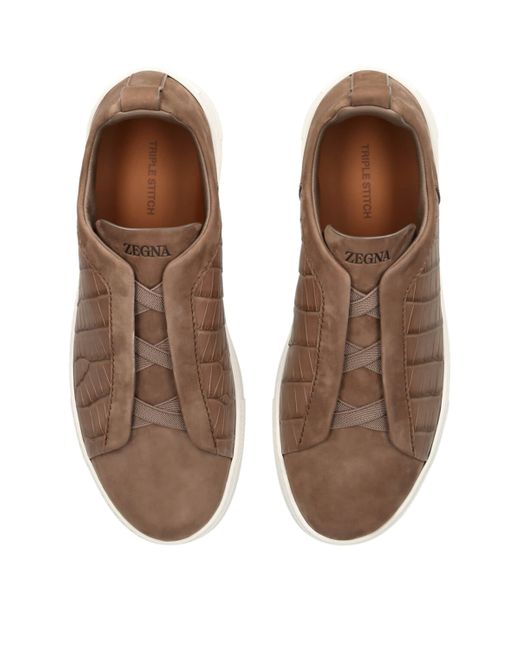 Zegna Brown Crocodile Leather Triple Stitch Secondskin Sneakers for men