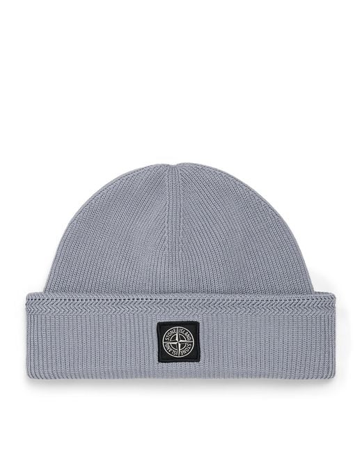 Stone Island Gray Cotton Compass Patch Beanie for men