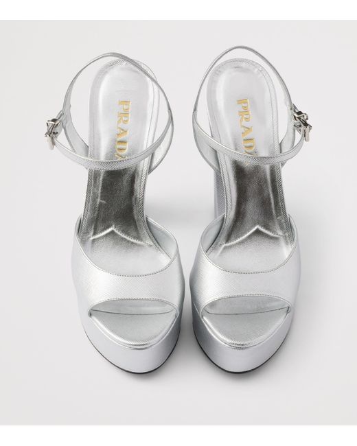 Prada White Patent Saffiano Leather Platform Sandals 115