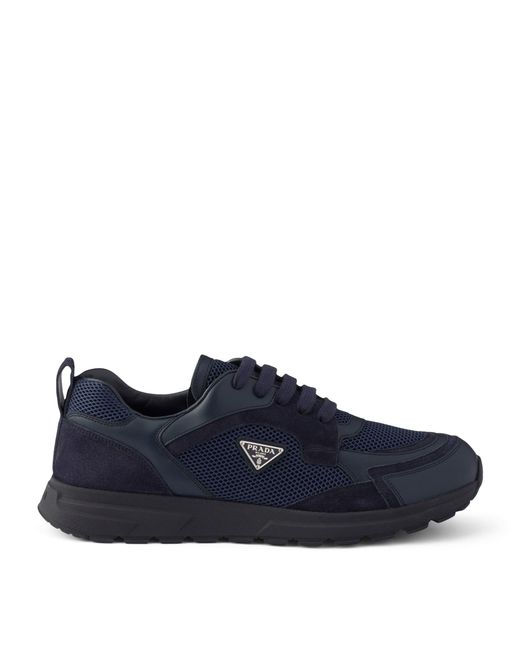 Prada Blue Mesh-Leather Prax Sneakers for men