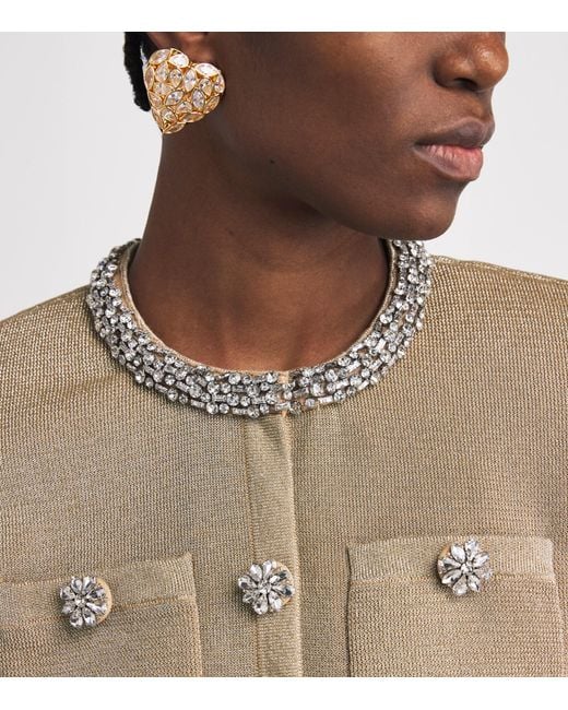 Self-Portrait Green Metallic Knitted Embellished Cardigan