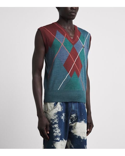 Vivienne Westwood Blue Wool-Cotton Argyle Sweater Vest for men