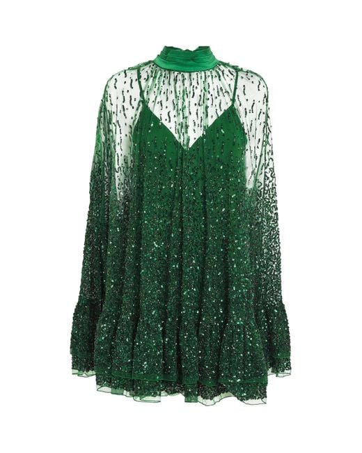Alice + Olivia Green Embellished-Cape Zenon Mini Dress