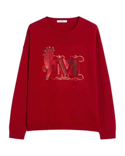 Max Mara Red Wool-Cashmere Monogram Sweater