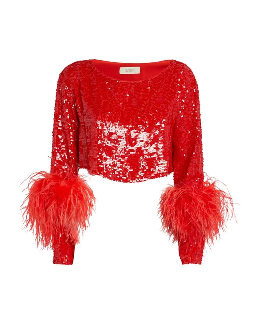 LAPOINTE Red Sequinned Feather-trim Crop Top