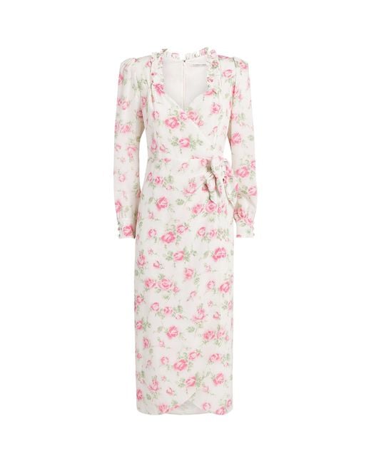Alessandra Rich Pink Silk Floral Bow-Detail Midi Dress