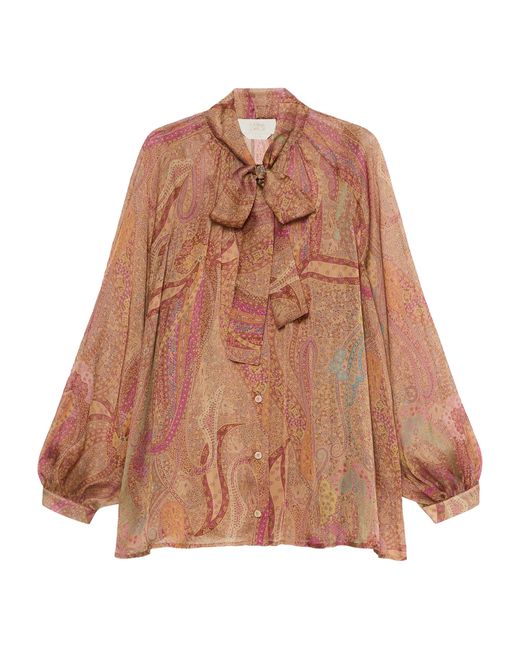 Marina Rinaldi Brown Silk Printed Tie-Detail Shirt