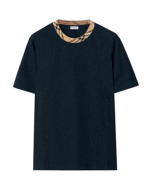 Burberry Blue Cotton Check-Neckline T-Shirt for men