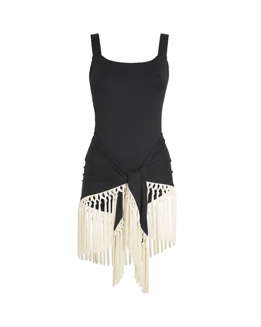 ‎Taller Marmo Black Fringed Lido Swimsuit And Sarong Set