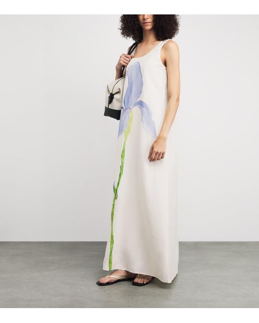 Lafayette 148 New York White Silk-Linen Iris Print Maxi Dress