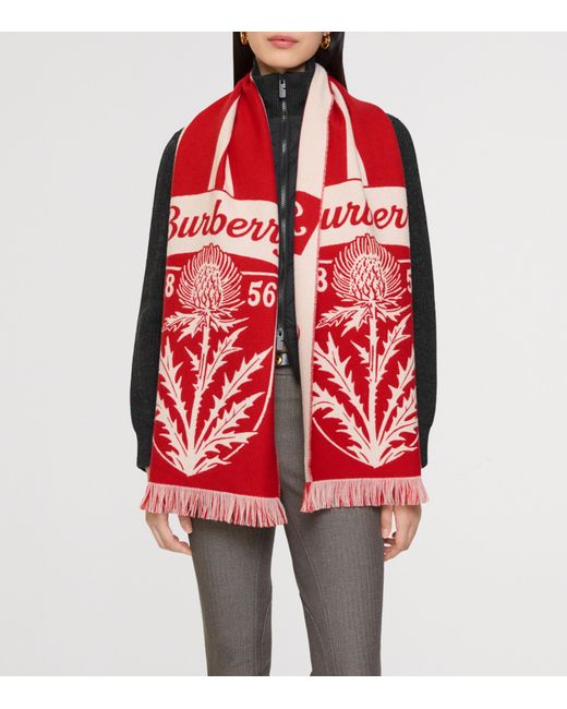 Burberry Red Wool Thistle Shield Scarf