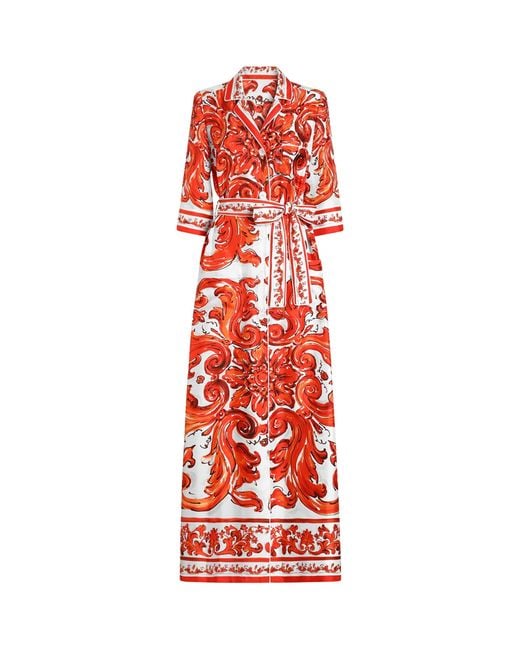 Dolce & Gabbana Red Silk Majolica Print Shirt Dress