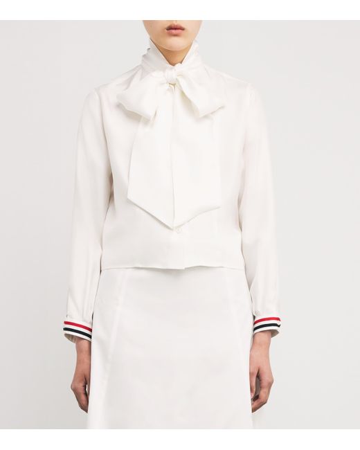 Thom Browne White Silk Bow-Collar Blouse