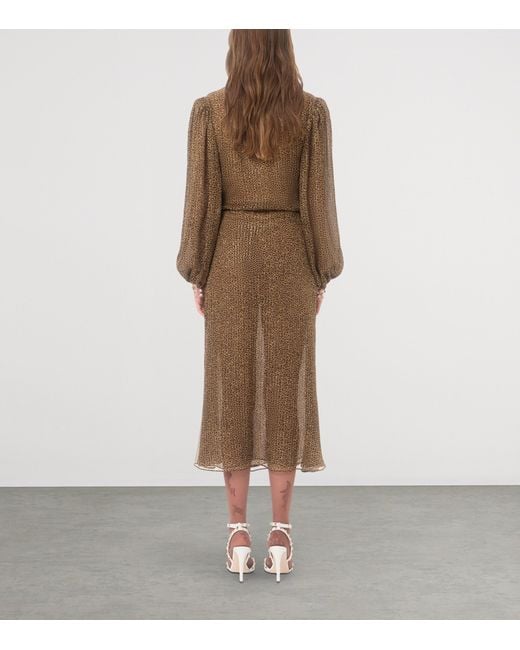 Valentino Brown Silk-Blend Embellished-Cuff Midi Dress