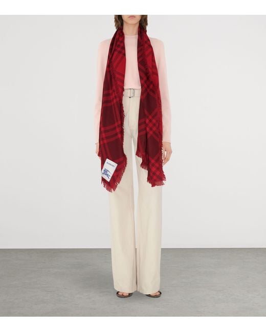 Burberry Red Wool-Silk Wide Check Scarf