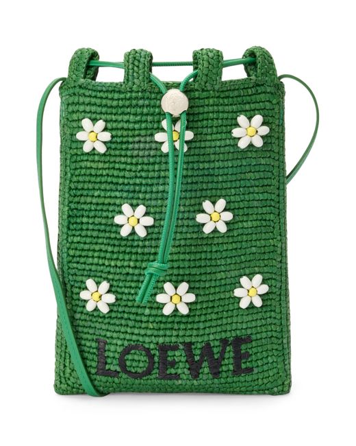 Loewe Green X Paula's Ibiza Raffia Floral-Detail Drawstring Pocket Bag