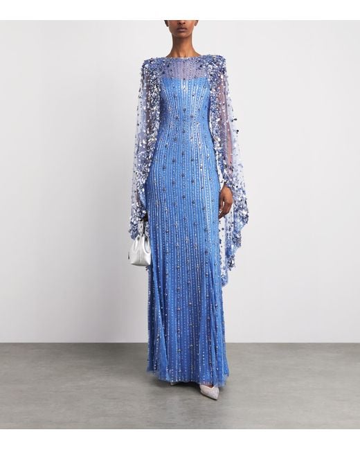 Jenny Packham Blue Embellished Blaize Cape Gown