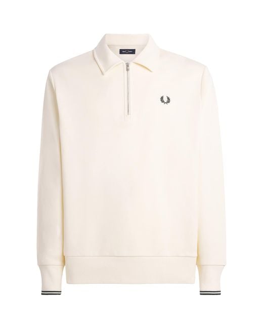 Fred Perry White Cotton Half-Zip Sweatshirt for men