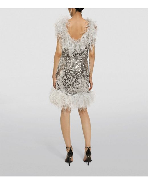 Dolce & Gabbana Gray Sequin-embellished Feather-trim Mini Dress