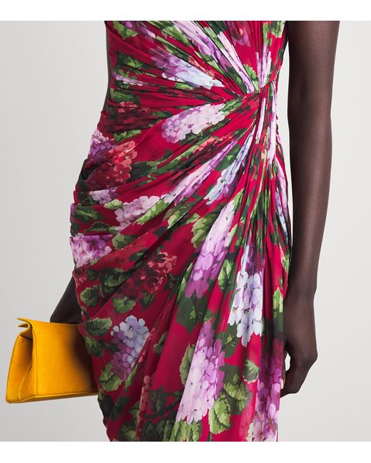 Carolina Herrera Red Silk Floral Draped Midi Dress