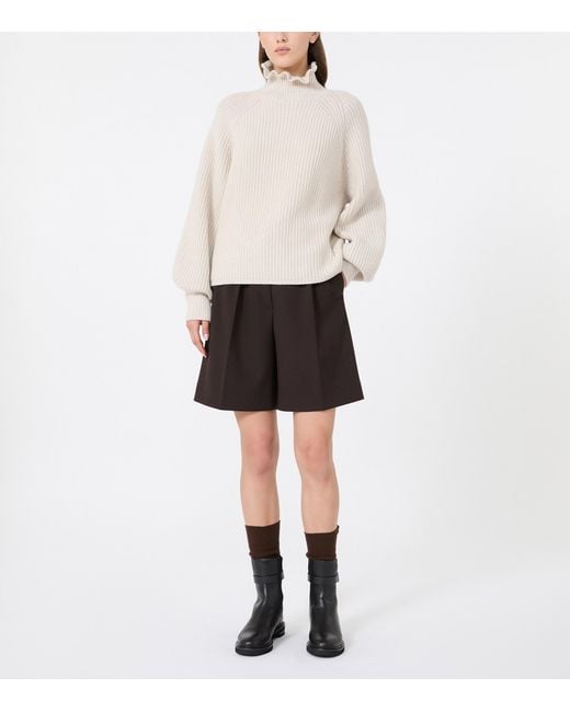 Max Mara White Wool-Cashmere Ruffle-Neck Sweater